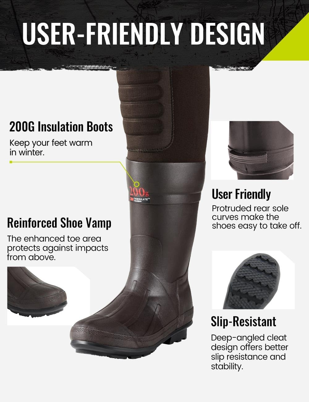 TIDEWE Hunting Waders with 200G Insulation Rubber Boots, Waterproof Cleated Neoprene Bootfoot Fishing Chest Waders - Image 3