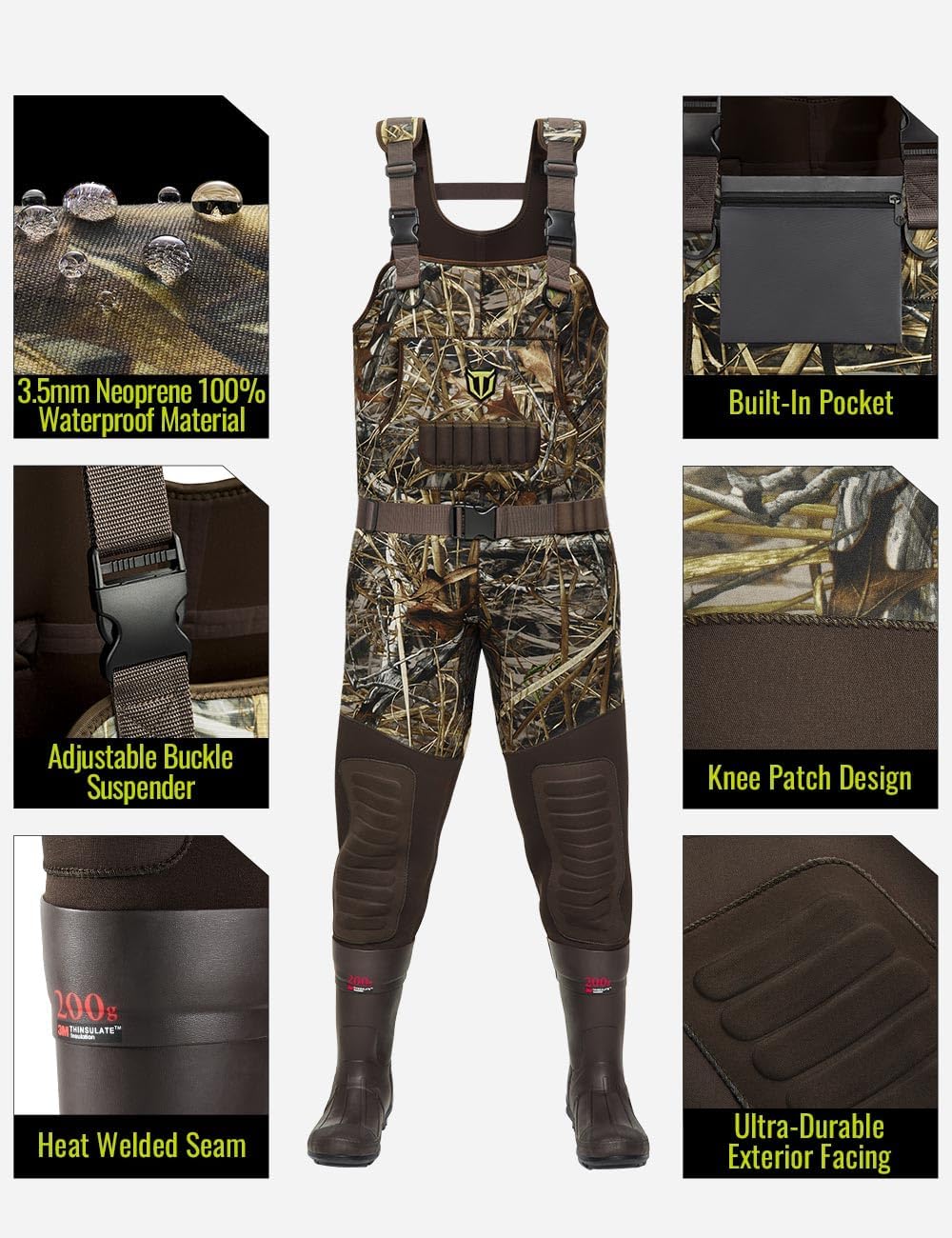 TIDEWE Hunting Waders with 200G Insulation Rubber Boots, Waterproof Cleated Neoprene Bootfoot Fishing Chest Waders - Image 4